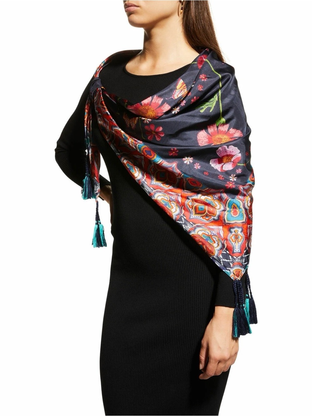 Johnny Was Lindero Silk Floral Square Scarf Large Tassel Fringe Wrap Shawl